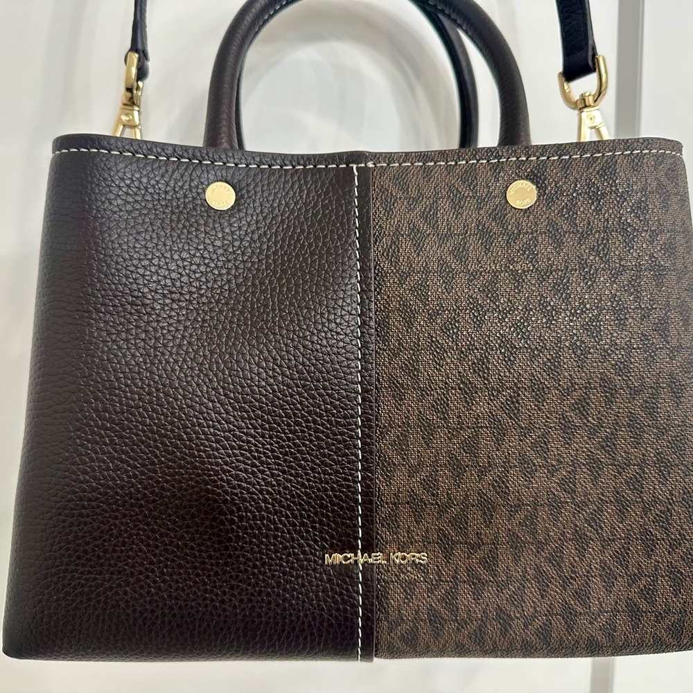 Michael Kors Dark Brown Leather & MK Logo Satchel with Gold Hardware